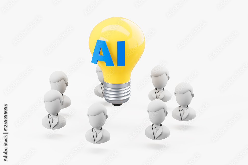 Poster ai idea concept with yellow lightbulb surrounded by business figures. 3d rendering