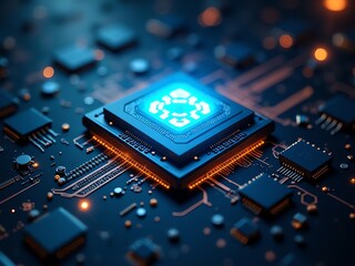 A high-tech AI chip glowing inside a metallic frame, set against a dark background with a soft glow