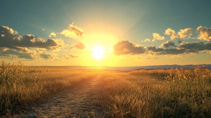 Fototapeta premium Sunrise over tranquil pathway coastal field scenic nature peaceful landscape wide view serenity