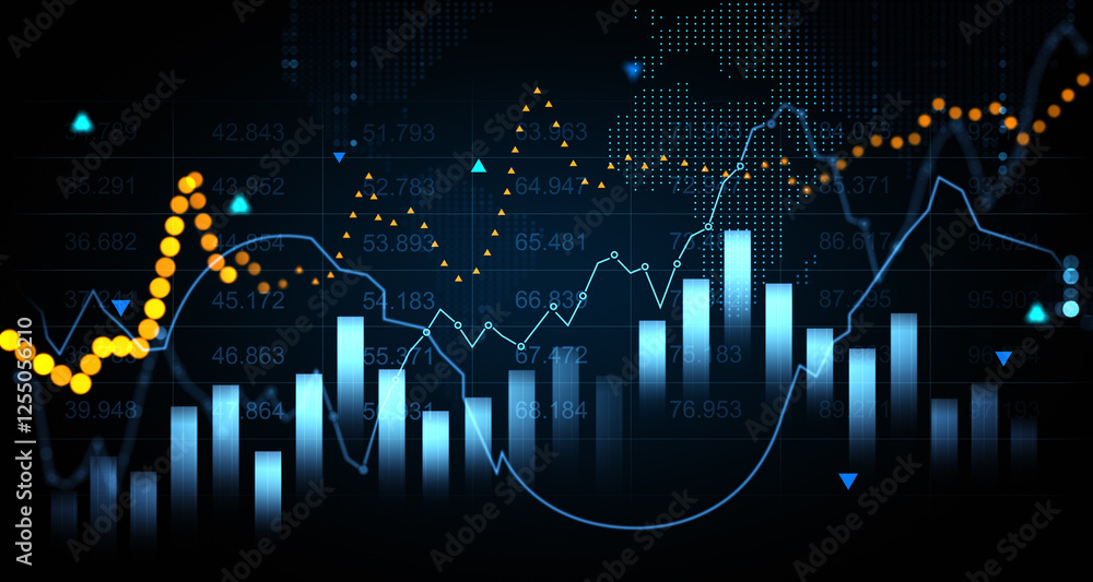 Poster financial graph with bar charts and trend lines on dark background. 3d rendering