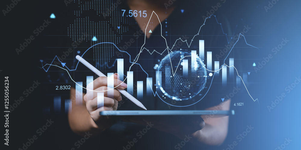 Poster digital financial analysis concept with hand using stylus on tablet and glowing graphs on blue backg