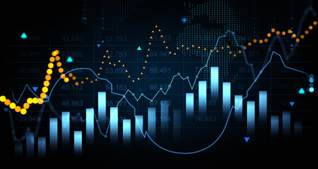 Financial graph with bar charts and trend lines on dark background. 3D Rendering