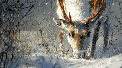 Majestic reindeer grazing in snowy forest winter wonderland wildlife photography nature scene