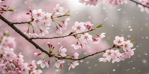 Obraz premium A close-up of delicate cherry blossoms on a tree branch, with soft pink petals falling in the breeze