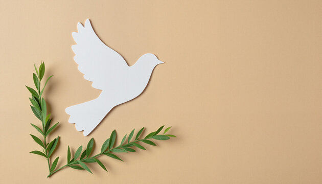 Intricately crafted paper dove with olive branch on beige background, symbolizing peace