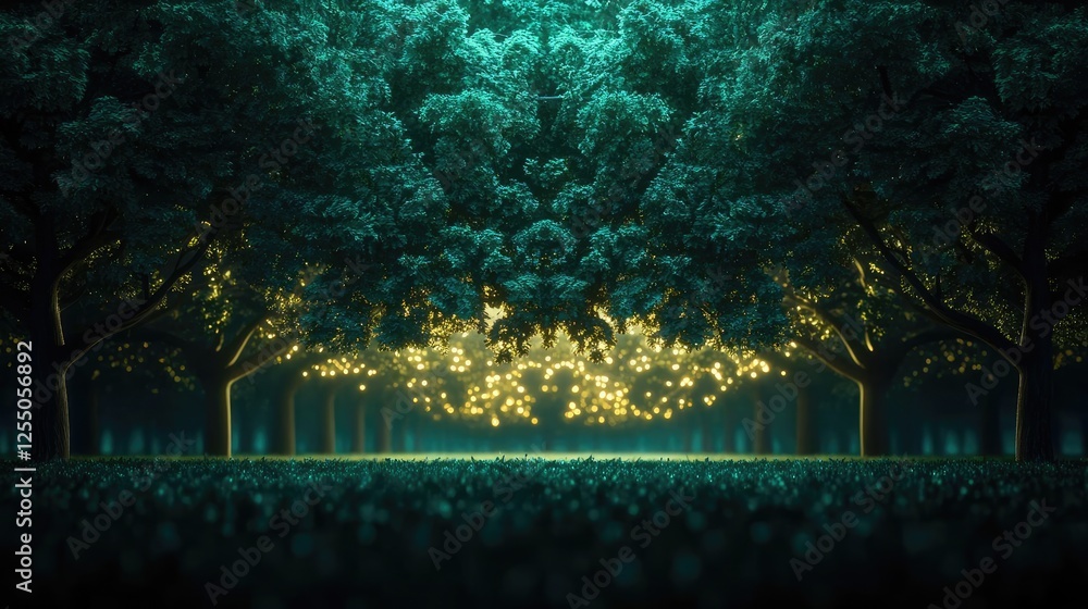 Poster glow forest concept. a serene forest with glowing lights, creating a magical and enchanting atmosphe