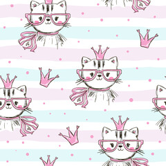 Seamless pattern features adorable cats wearing pink glasses and crowns, set against a striped and white background with pink polka dots.