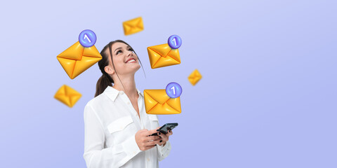 Woman holding smartphone surrounded by floating yellow email ico
