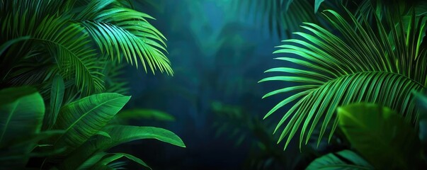 Glow forest idea. Lush greenery in a dense, tropical jungle setting with vibrant leaves and serene ambiance.