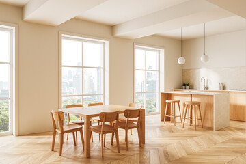 Modern kitchen interior with wooden furniture and city view through large windows. 3D Rendering