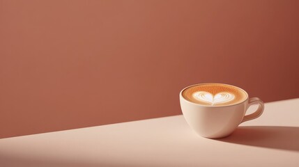 Cappuccino with a heart-shaped latte art on a clean, minimal background, perfect for romantic themes with copy space