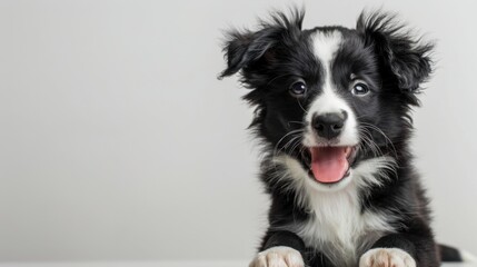 Adorable Welsh puppy, tongue out panting, winking playfully, sitting on a white backdrop