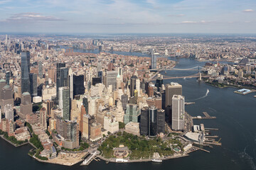 Aerial view of Manhattan's financial district and East River in NYC.