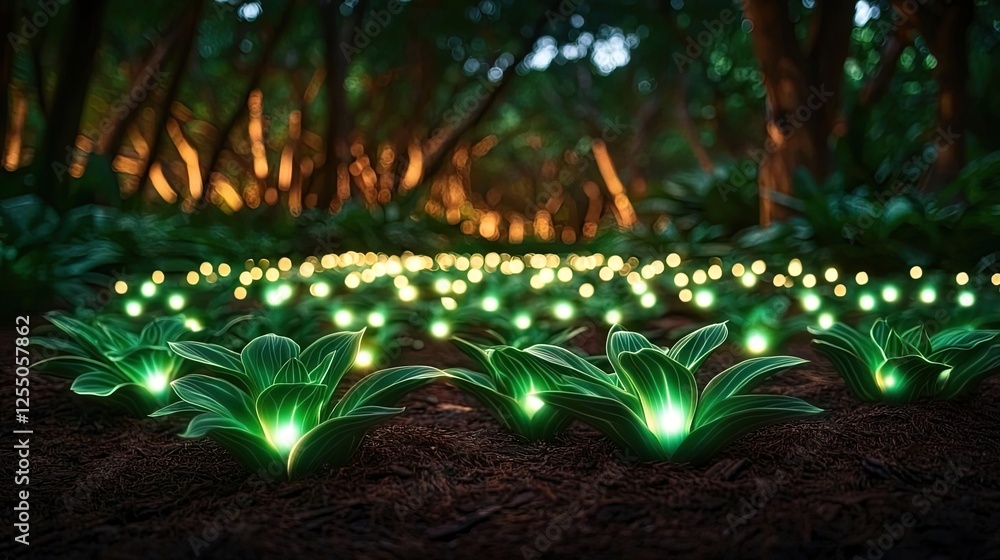 Poster glow forest concept. illuminated green plants create a magical nighttime atmosphere in a forest sett