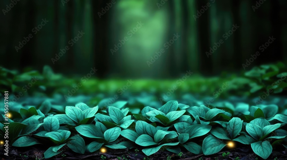 Poster glow forest concept. lush green foliage in a serene forest setting with soft light filtering through
