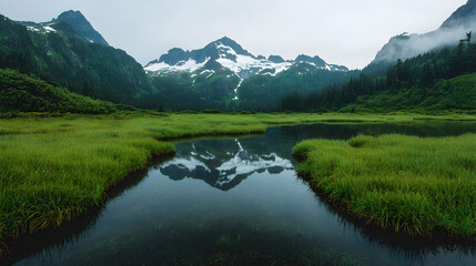 Fototapeta premium Mountain lake reflection, misty peaks, green meadows. Nature travel photography