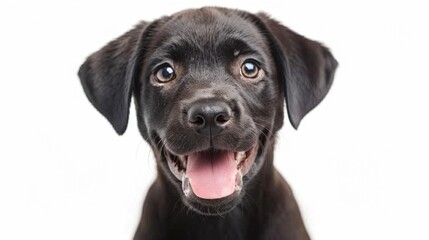 Adorable Welsh puppy, tongue out panting, winking playfully, sitting on a white backdrop