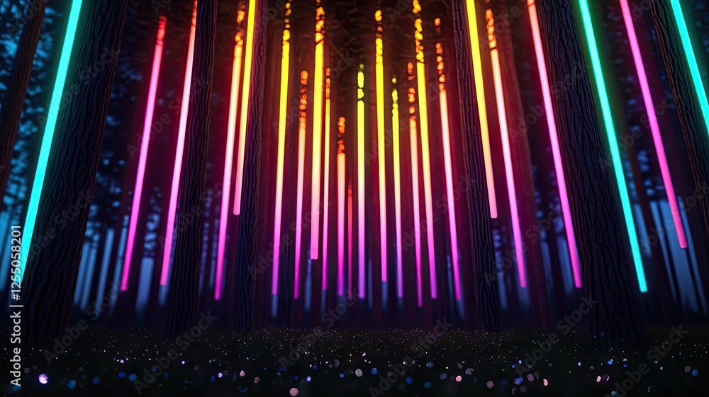 Poster glow forest concept. vibrant neon lights illuminate a forest, creating a surreal and colorful atmosp