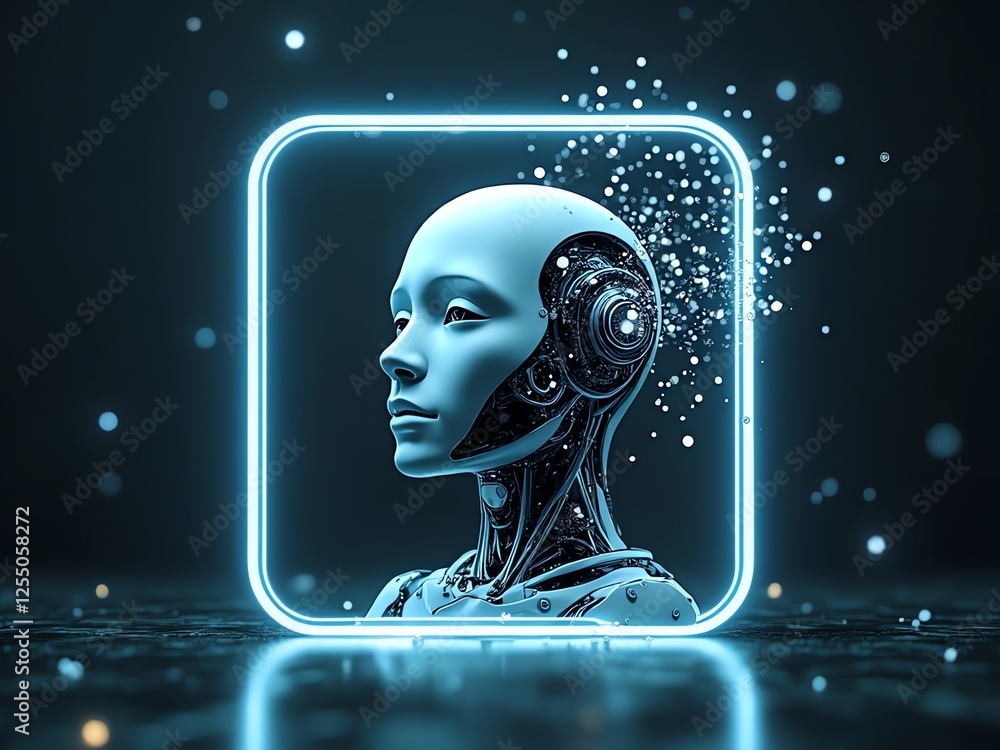 Poster a futuristic ai robot head inside a glowing frame, with digital particles floating around, set again