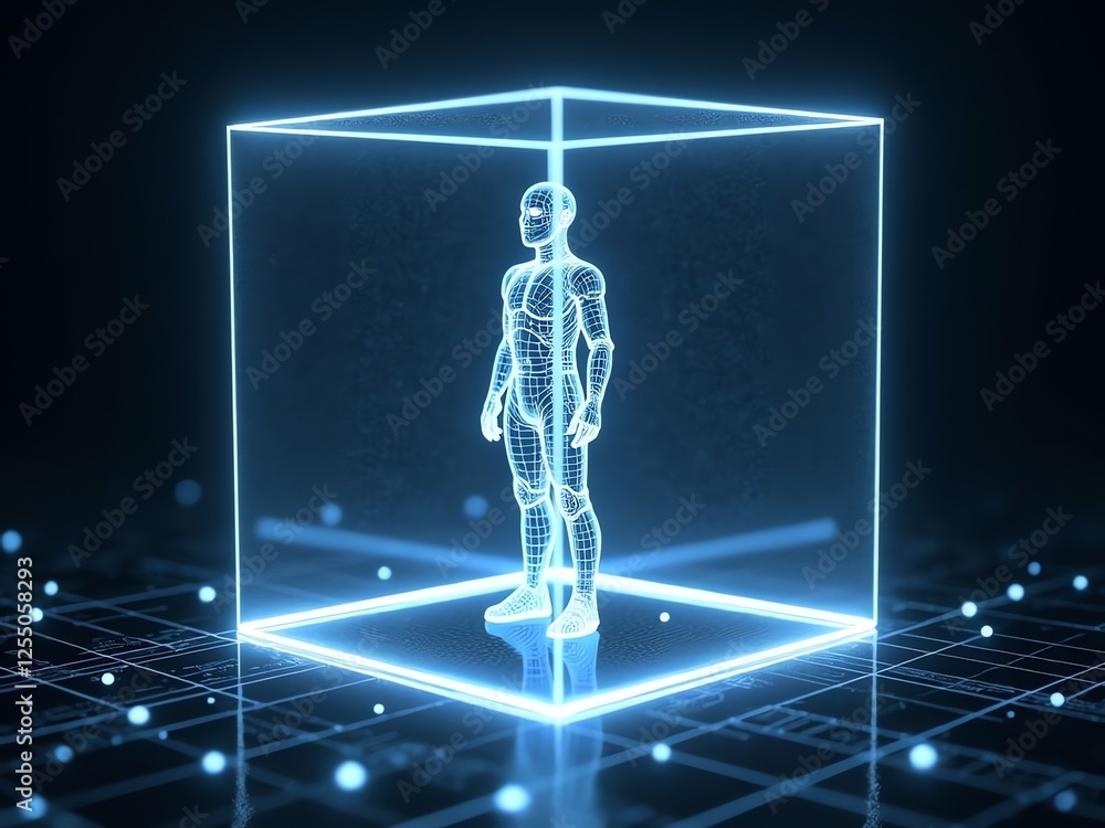Poster a wireframe 3d ai avatar suspended inside a glowing rectangle, surrounded by digital data streams
