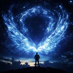 Fototapeta premium Silhouette Man Under Celestial Angel Wings Divine Cosmic Phenomenon Spiritual Awakening Dreamlike Scene