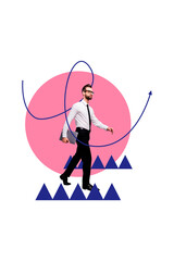 Trend image vertical photo collage of serious businessman walk arrow development carry laptop success career growth aim achievement