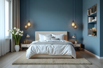 Interior of modern bedroom with cozy bed and narcissus flowers near blue wall. Front view.