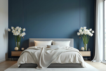 Interior of modern bedroom with cozy bed and narcissus flowers near blue wall. Front view.