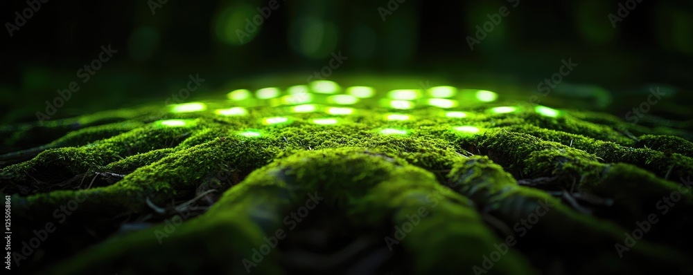 Poster glow forest idea. a close-up view of moss-covered roots glowing gently in a serene forest setting.