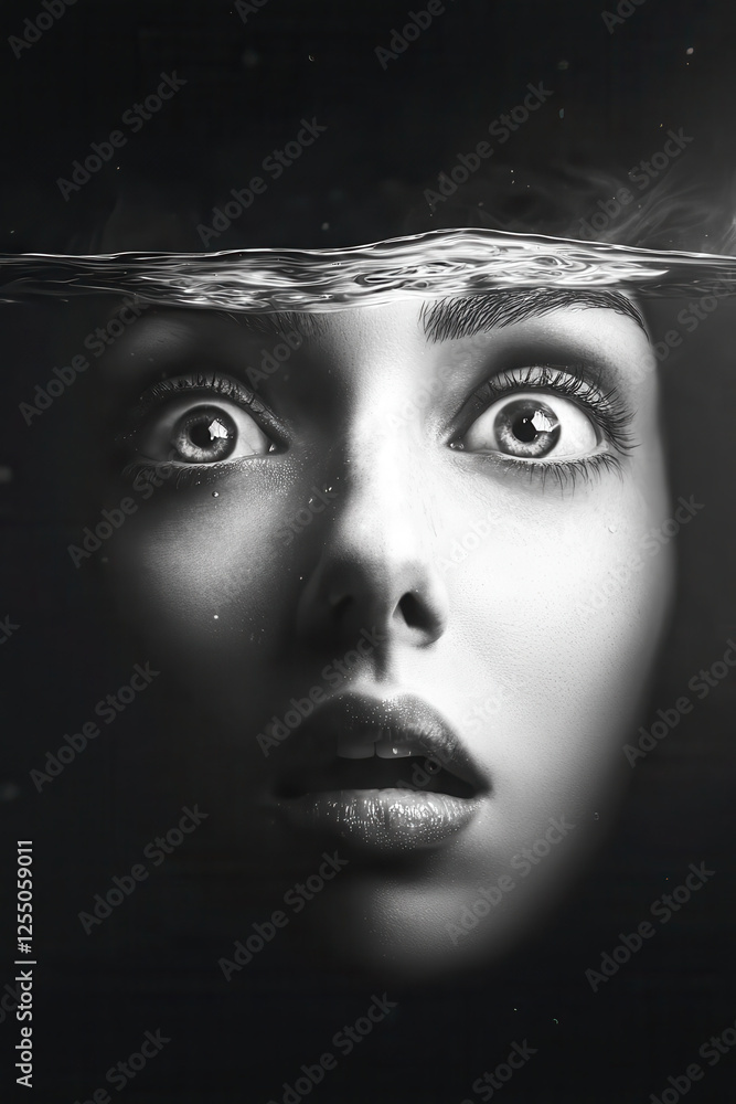 Poster exploring the depths of emotion: a monochromatic representation of water and introspection in a surr