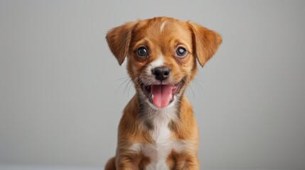 Adorable Welsh puppy, tongue out panting, winking playfully, sitting on a white backdrop