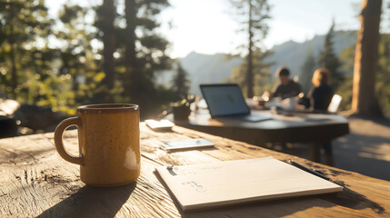 A Cozy Outdoor Workspace with a Laptop, Notebook, and a Mug of Coffee, Surrounded by Nature,digital nomad