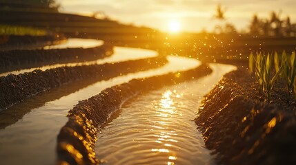 Golden Hour Rice Paddies Irrigation