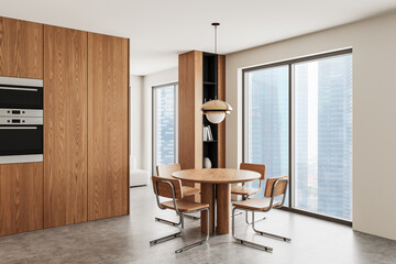 Modern dining area with wooden furniture and large windows. 3D Rendering
