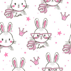 Seamless pattern with a cute cartoon bunny. Vector illustration. Creative childish background.
