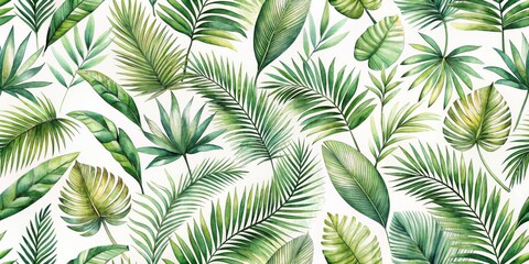 A Lush Collection of Vibrant Green Tropical Foliage Arranged in a Seamless Pattern for Decorative Applications