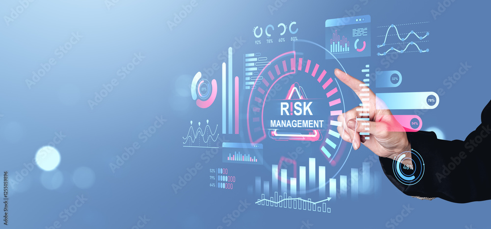 Poster risk management concept with futuristic interface and data charts.