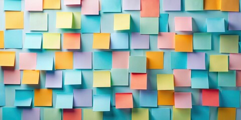 A vibrant arrangement of colorful blank sticky notes adhered to a pastel blue surface, ideal for brainstorming sessions or creative project planning.