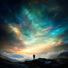 Silhouette Stargazer Amidst Celestial Canvas Dreamy Skies Exploration Under Infinite Cosmos Glow