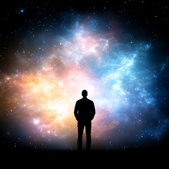 Silhouette Staring into a Cosmic Nebula Full of Stars and Light in an Outer Space Fantasy Scene