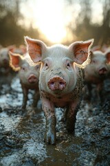 A muddy piglet walks through the sunset