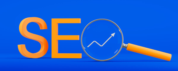 SEO concept with magnifying glass and arrow on a blue background. 3D Rendering