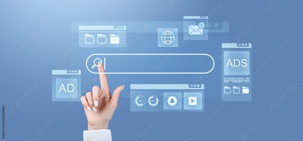 Poster concept of internet search with hand pointing on search bar in blue digital interface.