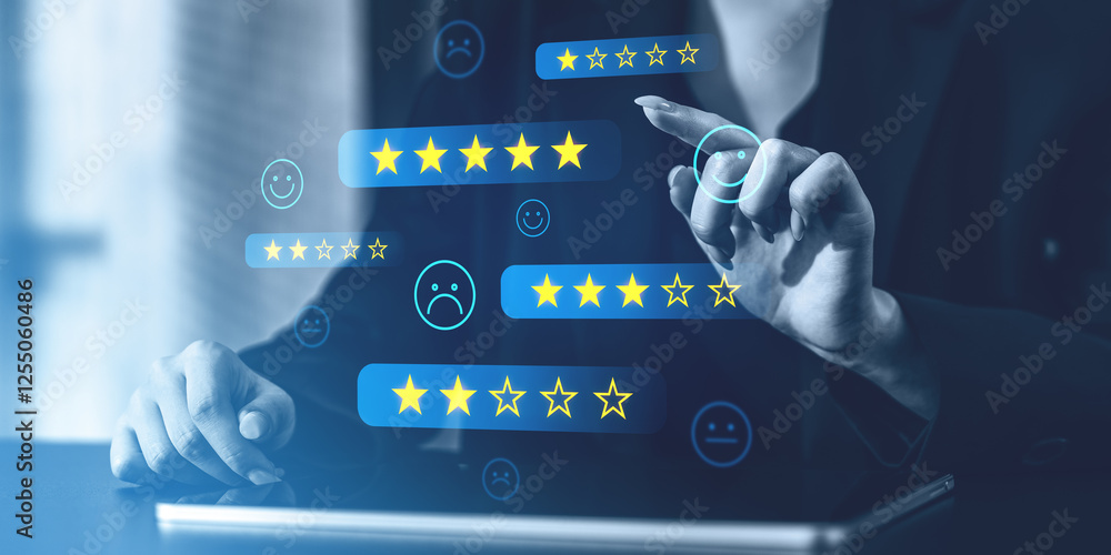 Poster interactive customer feedback interface with star ratings and emoticons on a digital screen.