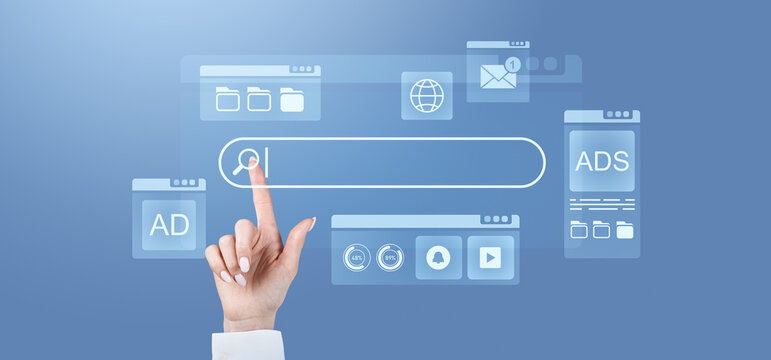 Concept of internet search with hand pointing on search bar in blue digital interface.