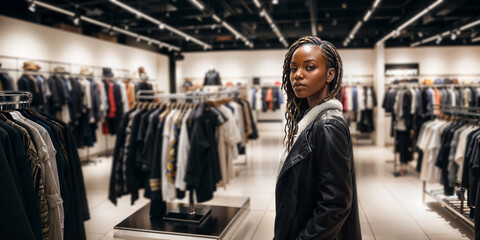 Fototapeta premium Junge hübsche schwarze afrikanische Frau mit Dreadlocks in einer Lederjacke steht in einem Bekleidungsgeschäft