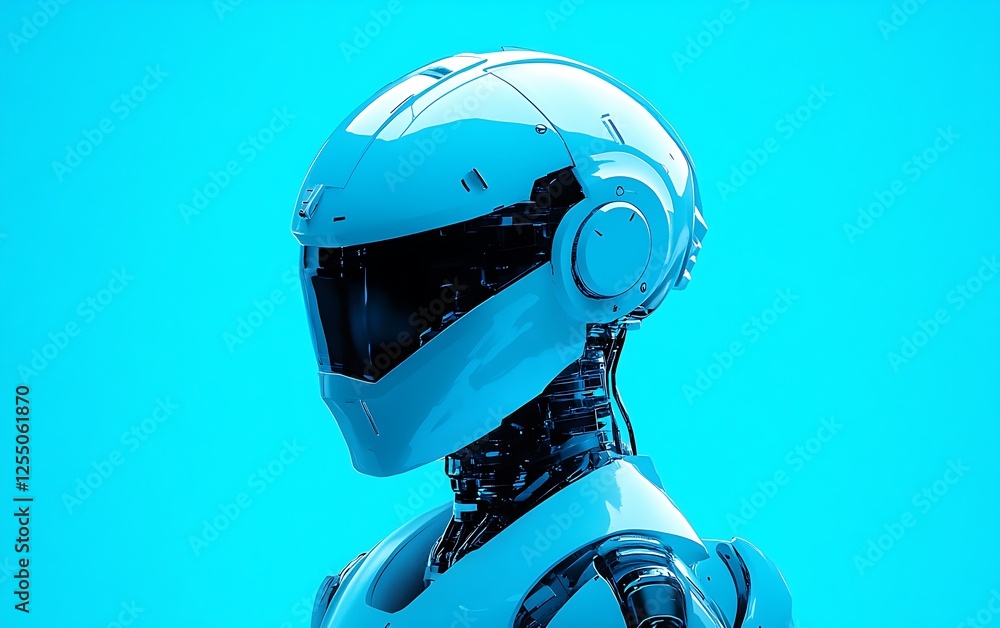 Poster futuristic robot head profile against vibrant blue background. possible use technology imagery for s