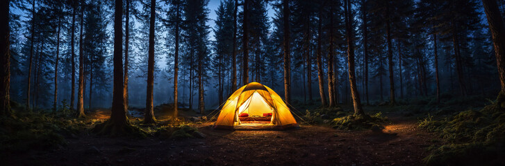 Zelten / Camping bei Nacht im Wald - leuchtendes gelbes Zelt