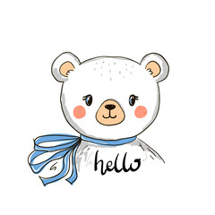 Hand drawn cute bear with a bow. Vector illustration in cartoon style