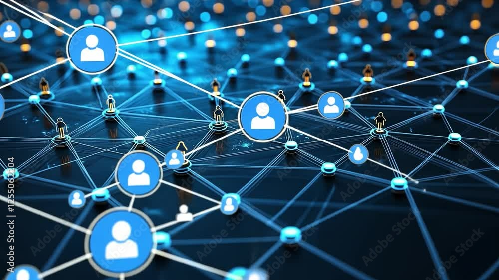 Poster digital connections: an interconnected web of nodes, each representing a person. illuminated by a di